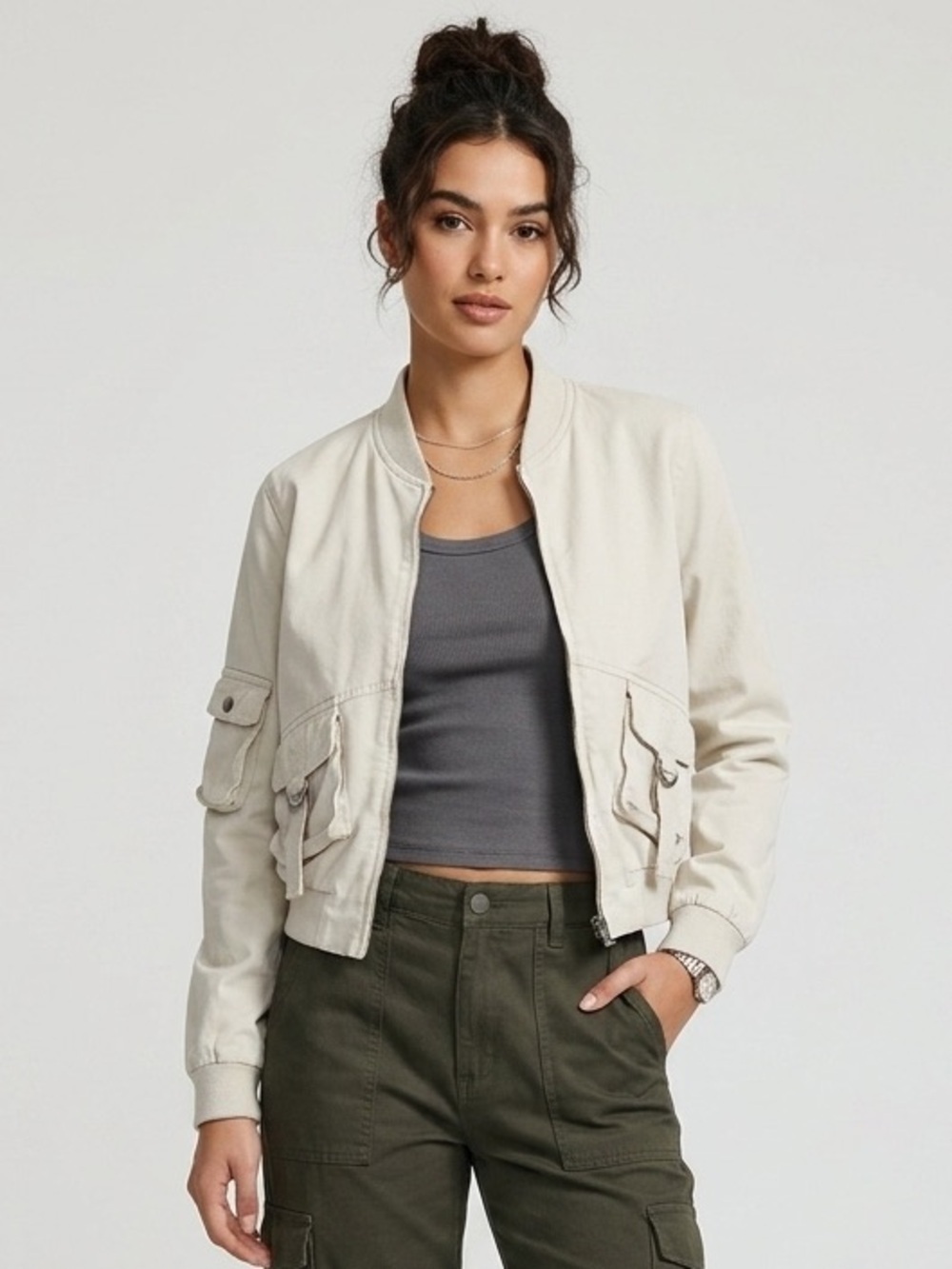 Vintage 90's Y2K Stone Cargo Bomber Jacket - Size 9